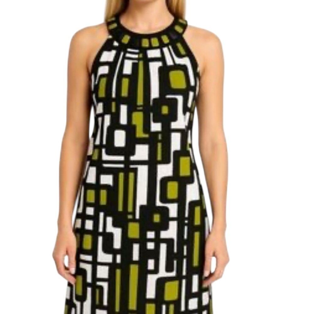 Jessica Howard Modern 70s Style Halter Dress Linen Blend Geometric 14